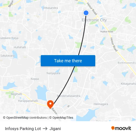 Infosys Parking Lot to Jigani map
