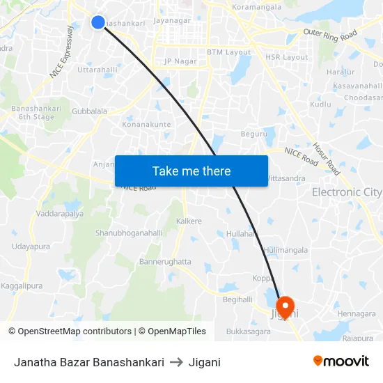 Janatha Bazar Banashankari to Jigani map