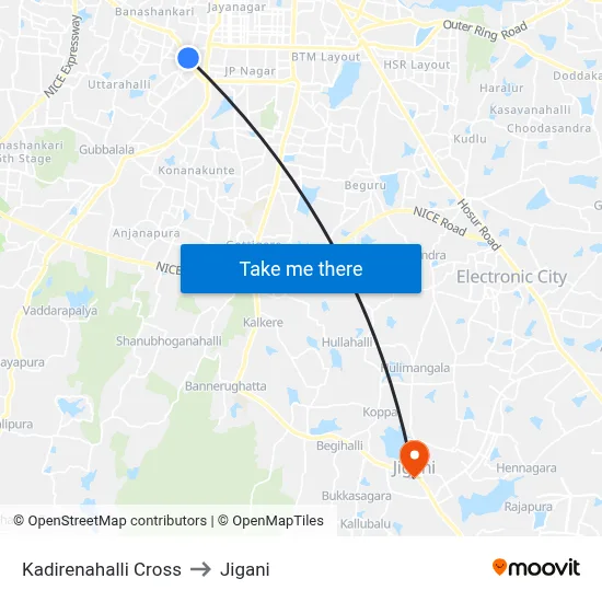 Kadirenahalli Cross to Jigani map