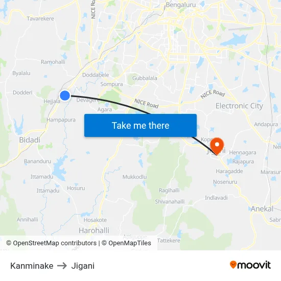 Kanminake to Jigani map