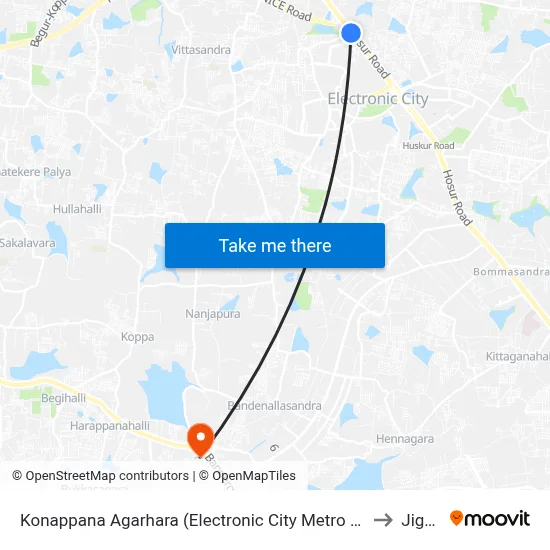 Konappana Agarhara (Electronic City Metro Station) to Jigani map