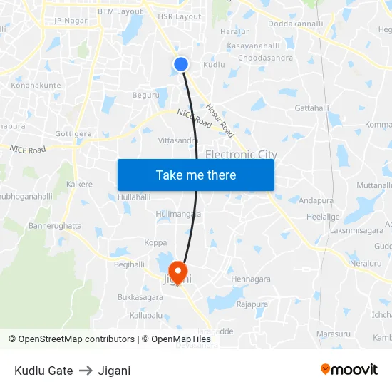 Kudlu Gate to Jigani map