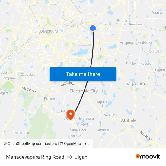 Mahadevapura Ring Road to Jigani map