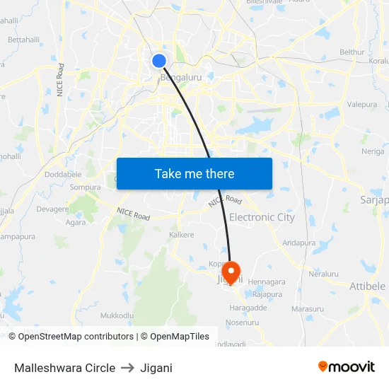 Malleshwara Circle to Jigani map