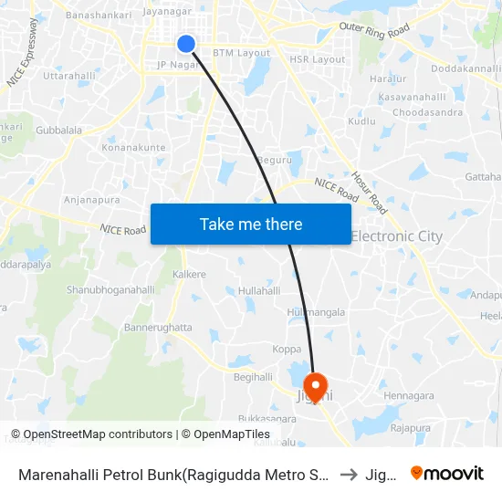 Marenahalli Petrol Bunk(Ragigudda Metro Station) to Jigani map