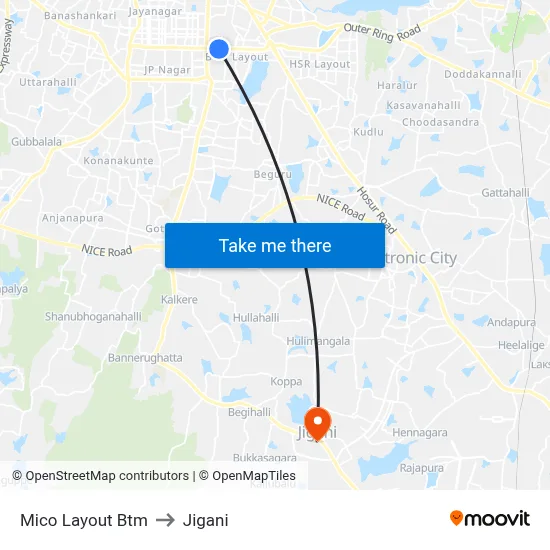 Mico Layout Btm to Jigani map