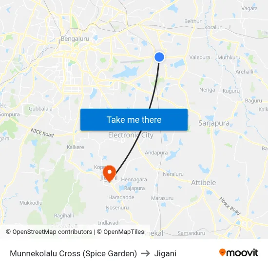 Munnekolalu Cross (Spice Garden) to Jigani map