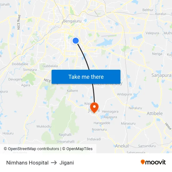 Nimhans Hospital to Jigani map