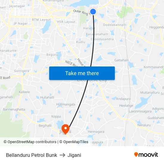 Bellanduru Petrol Bunk to Jigani map