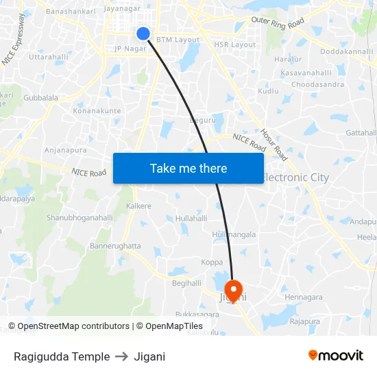Ragigudda Temple to Jigani map