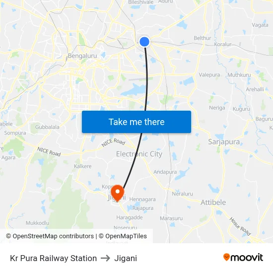 Kr Pura Railway Station to Jigani map