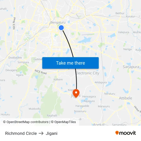 Richmond Circle to Jigani map