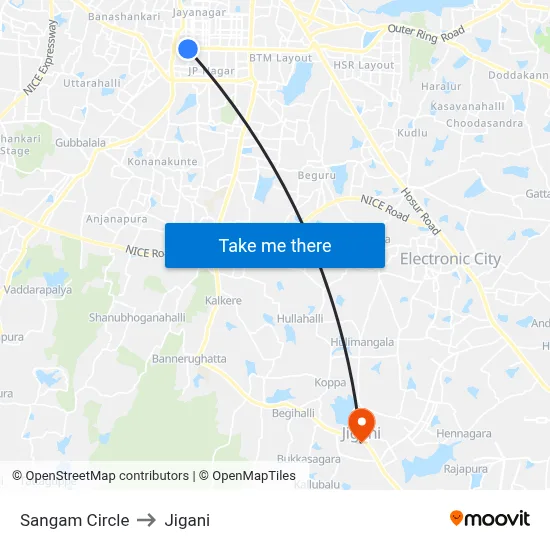 Sangam Circle to Jigani map
