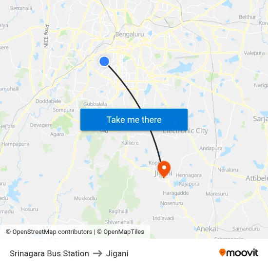 Srinagara Bus Station to Jigani map