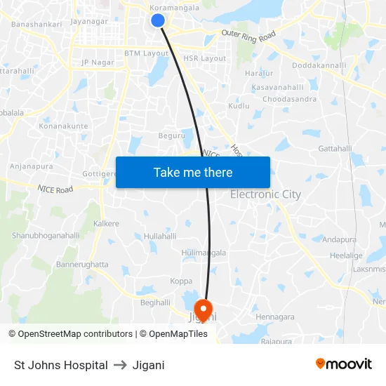 St Johns Hospital to Jigani map