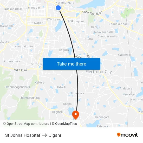 St Johns Hospital to Jigani map