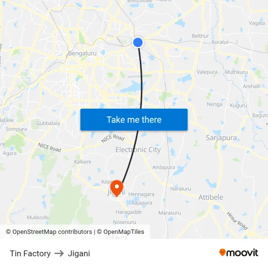 Tin Factory to Jigani map
