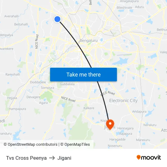 Tvs Cross Peenya to Jigani map