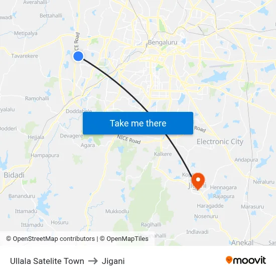 Ullala Satelite Town to Jigani map