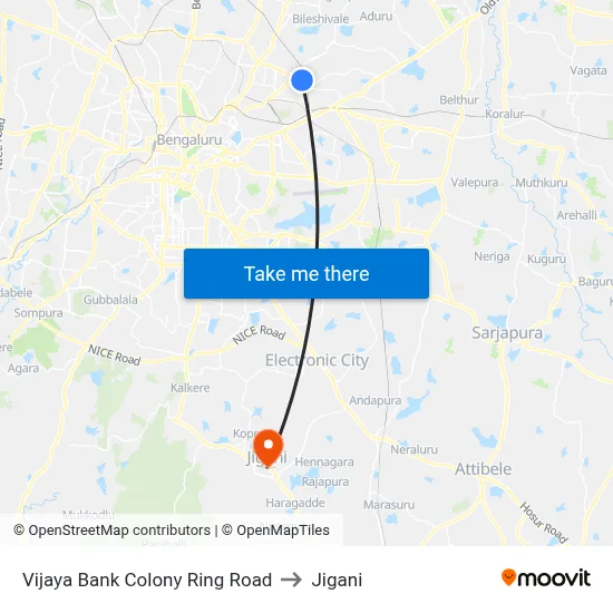 Vijaya Bank Colony Ring Road to Jigani map