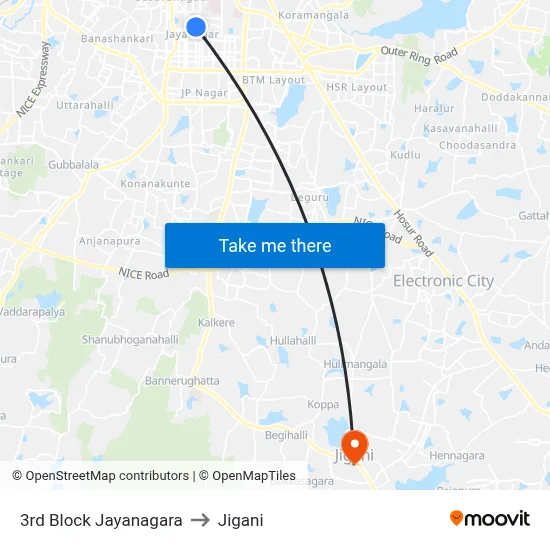 3rd Block Jayanagara to Jigani map