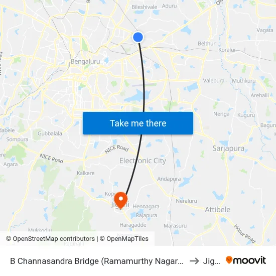 B Channasandra Bridge (Ramamurthy Nagara Ring Road) to Jigani map