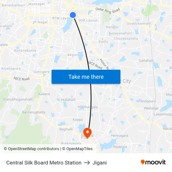 Central Silk Board Metro Station to Jigani map
