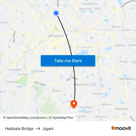Hebbala Bridge to Jigani map