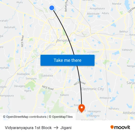 Vidyaranyapura 1st Block to Jigani map