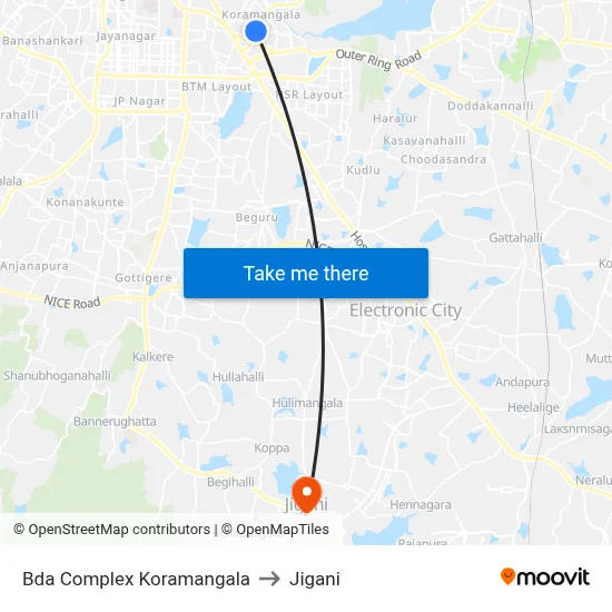 Bda Complex Koramangala to Jigani map