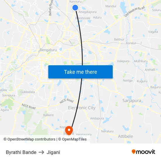 Byrathi Bande to Jigani map