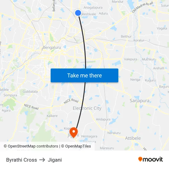 Byrathi Cross to Jigani map