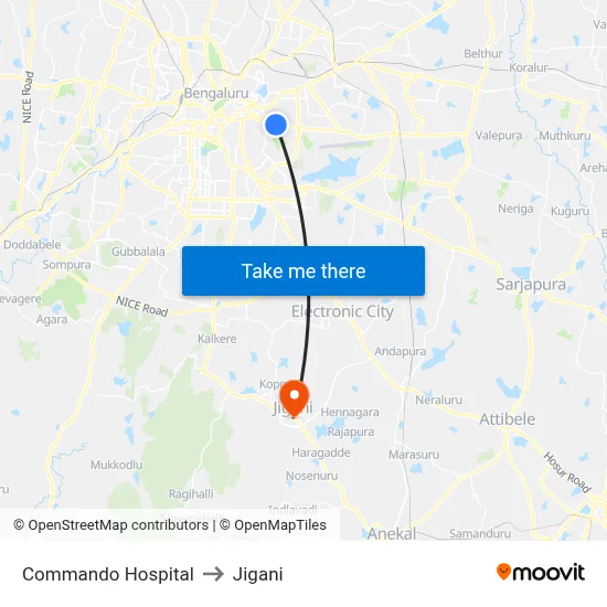 Commando Hospital to Jigani map