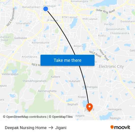 Deepak Nursing Home to Jigani map