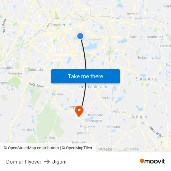 Domlur Flyover to Jigani map