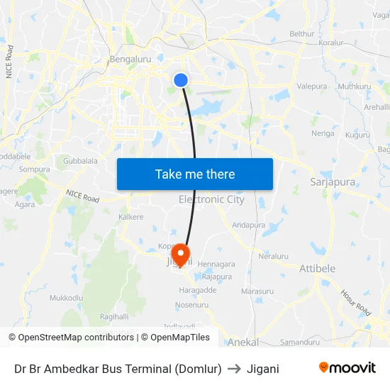 Dr Br Ambedkar Bus Terminal (Domlur) to Jigani map