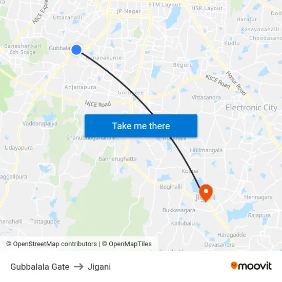 Gubbalala Gate to Jigani map