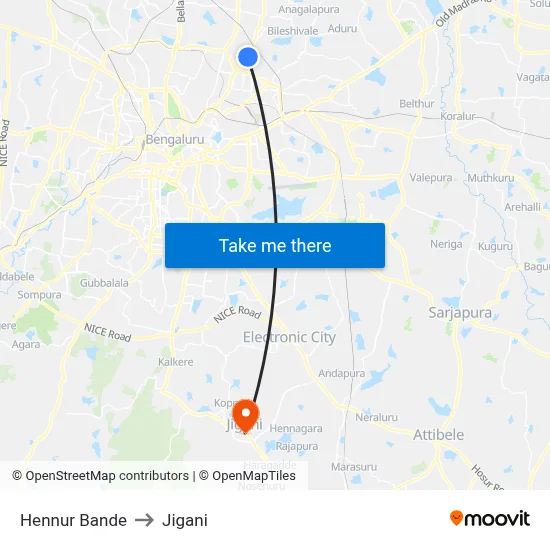 Hennur Bande to Jigani map