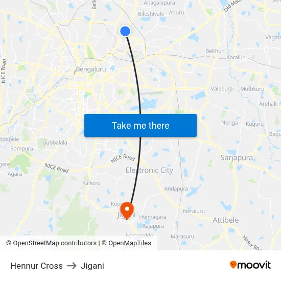 Hennur Cross to Jigani map