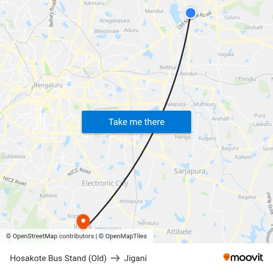 Hosakote Bus Stand (Old) to Jigani map