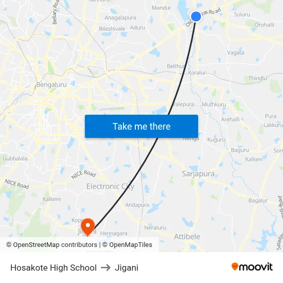 Hosakote High School to Jigani map