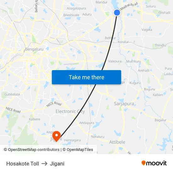 Hosakote Toll to Jigani map