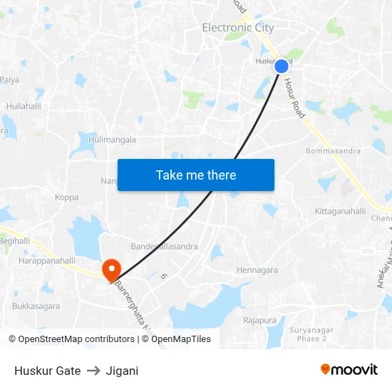 Huskur Gate to Jigani map