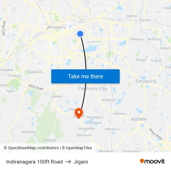 Indiranagara 100ft Road to Jigani map