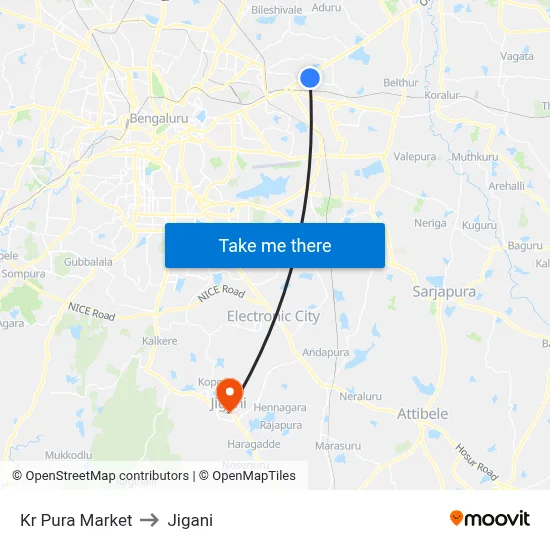 Kr Pura Market to Jigani map