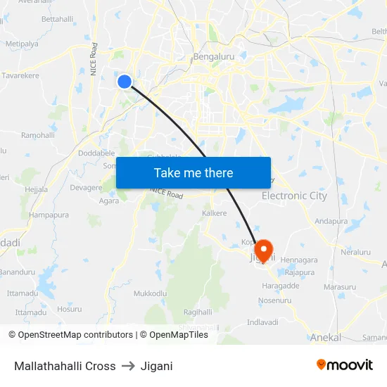 Mallathahalli Cross to Jigani map