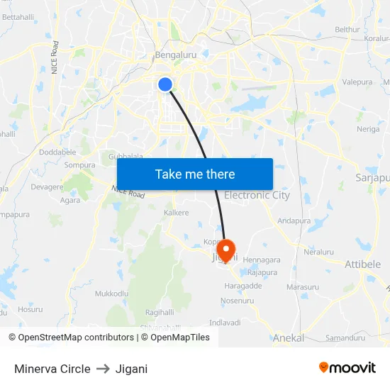 Minerva Circle to Jigani map