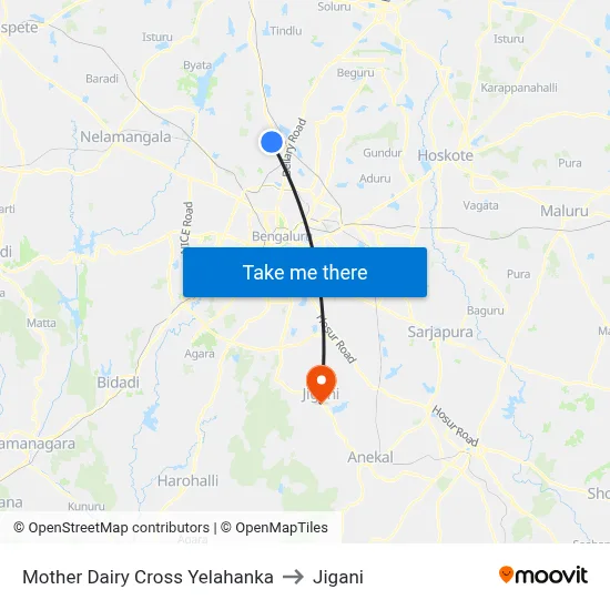 Mother Dairy Cross Yelahanka to Jigani map