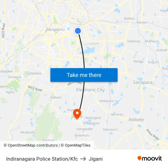 Indiranagara Police Station/Kfc to Jigani map