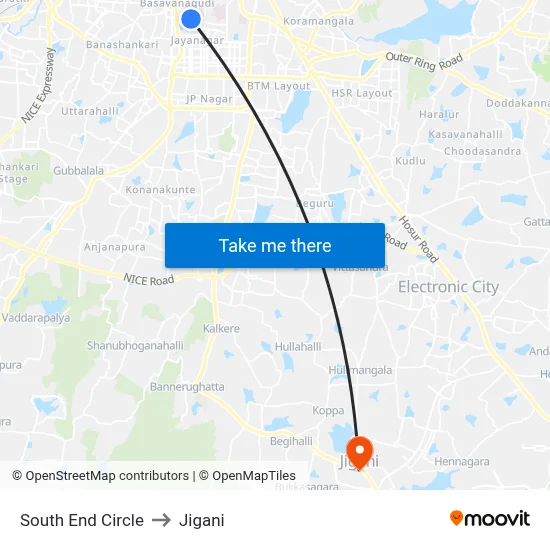 South End Circle to Jigani map